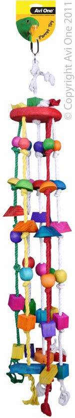 22556 PARROT TOY WOOD COLOURED/ROPE/WINDCHIME/BEADS 84CM L JUMBO