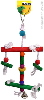 22561 PARROT TOY WOOD COLOURED/ROPE TWO LEVEL PERCH//BELL 46CM L
