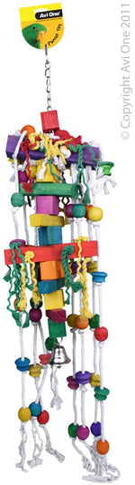 22562 PARROT TOY WOOD COLOURED/ROPE SOLID BLOCK/BEADS/BELL 108CM L JUMBO