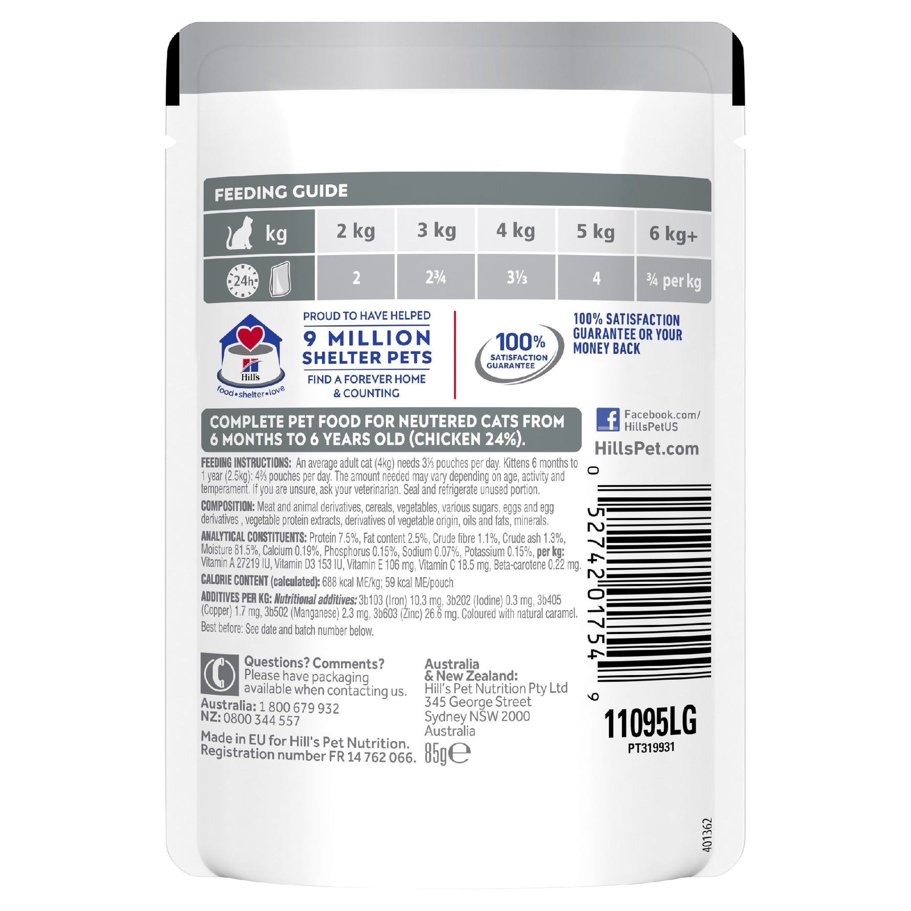 Science Diet Cat Adult Neutered Chicken 85g Pouch