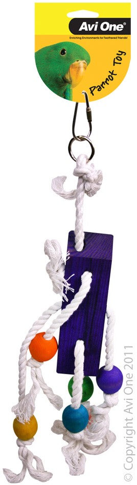 PARROT TOY WOOD COLOURED/ROPE/BLOCK/BEADS 35CM L