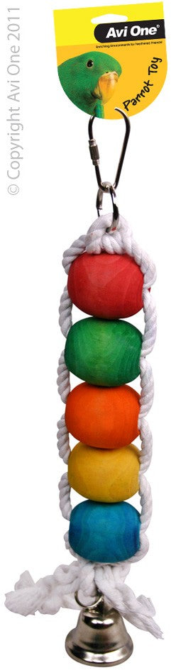 22553 PARROT TOY WOOD COLOURED/ROPE/BEADS/BELL 30CM L