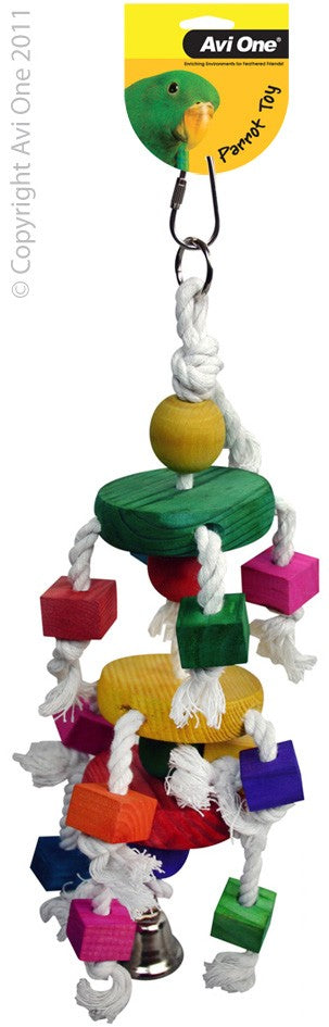 22554 PARROT TOY WOOD COLOURED/ROPE/DANCING BLOCK/BELL 36CM L