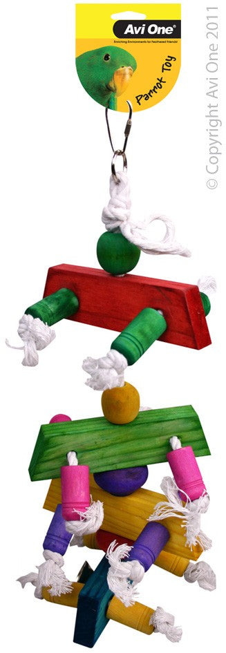 22555 PARROT TOY WOOD COLOURED/ROPE/DANCING BLOCK/BELL 36CM L