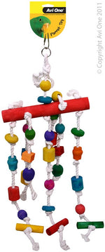 22557 PARROT TOY WOOD COLOURED/ROPE/ACTIVITY PERCH/BEADS 51CM L