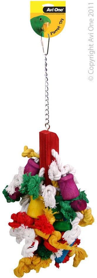 22558 PARROT TOY WOOD COLOURED/ROPE/MOP/BEADS 43CM L