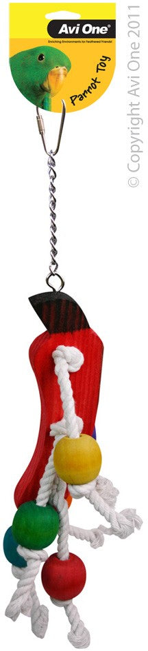 22566 PARROT TOY WOOD COLOURED/ROPE/VEGGIE/BEADS 36CM L