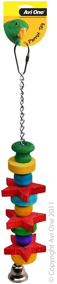 22567 PARROT TOY WOOD COLOURED/CHAIN/STARS/BEADS/BELL 29CM L