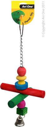 22568 PARROT TOY WOOD COLOURED/CHAIN/PERCH/BEADS/BELL 26CM L