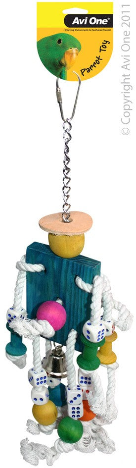 22569 PARROT TOY WOOD COLOURED/ROPE/MR. ROBOT/DICE/BELL 40CM L