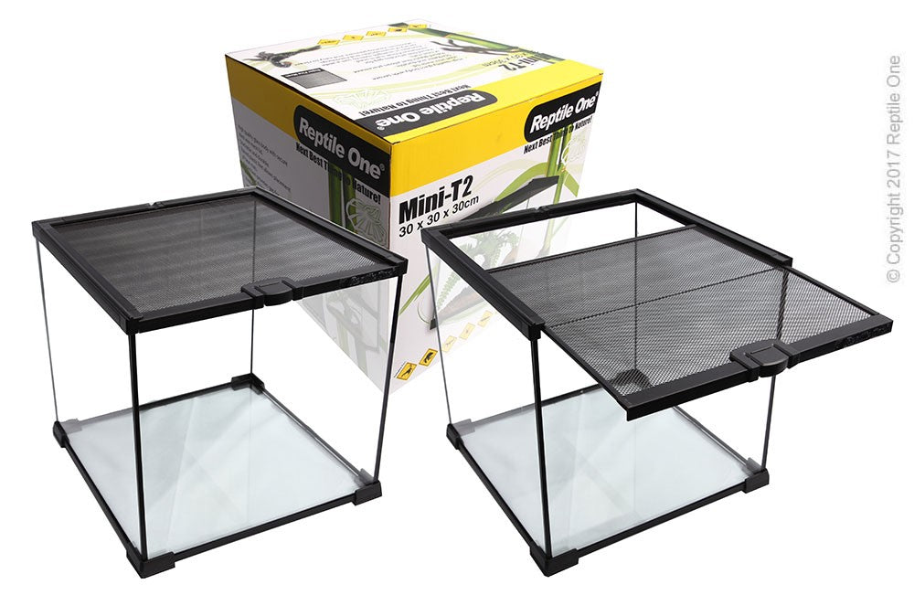 GLASS TANK MINI T2, W/WIRE MESH LID - REPTILE 30X30X30CM (H) BLACK