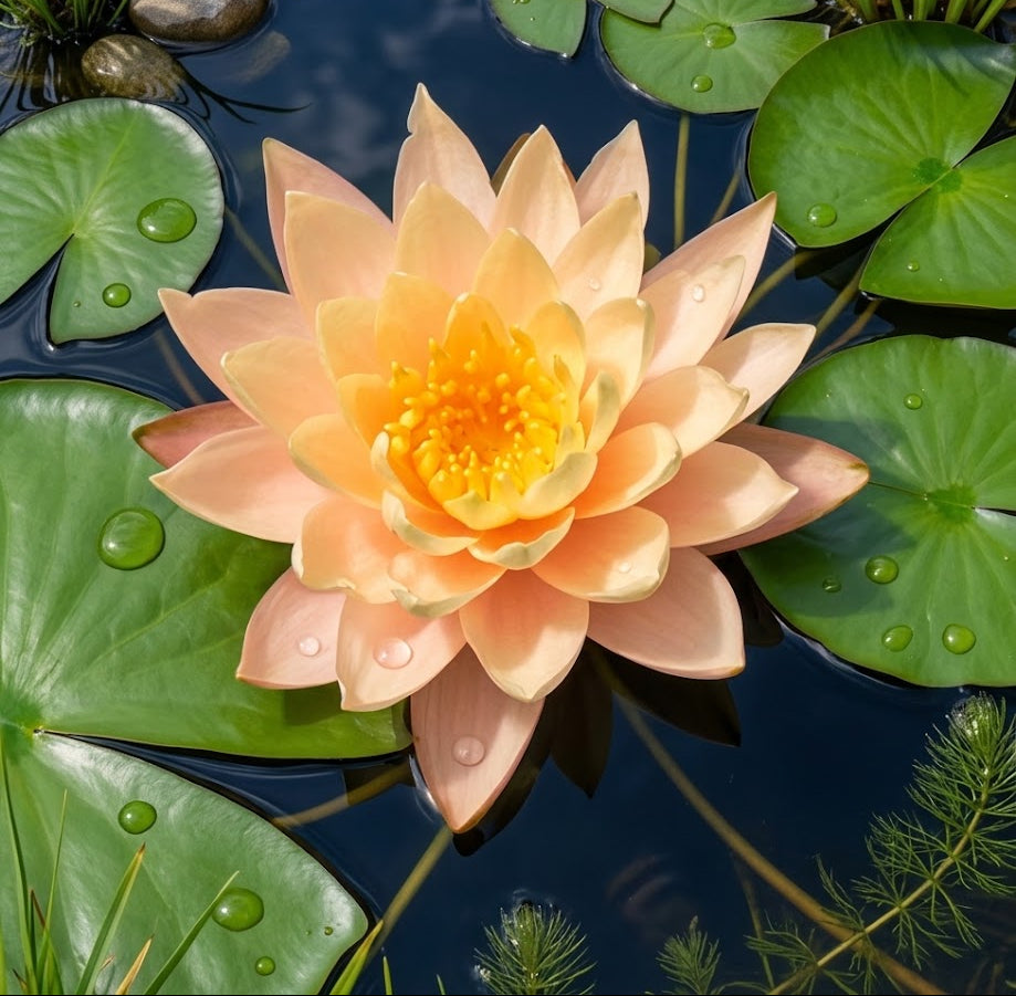 A peach and yellow water lily flower blooming in a pond with green lily pads and dark water.